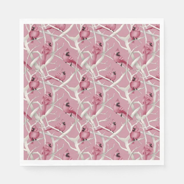 Pink Winter Woodland Christmas Cardinal Birds Napkin (Front)