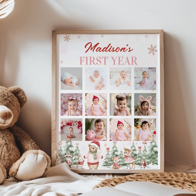 Pink Winter Woodland First Year Photo Milestone Poster (Creator Uploaded)