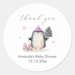 Pink Winter Woodland Skate Penguin Baby Shower  Classic Round Sticker