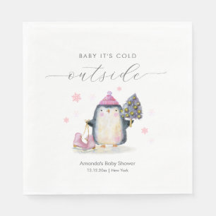 Pink Winter Woodland Skate Penguin Baby Shower  Napkin