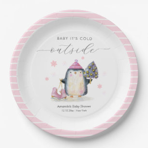 Pink Winter Woodland Skate Penguin Baby Shower Paper Plate