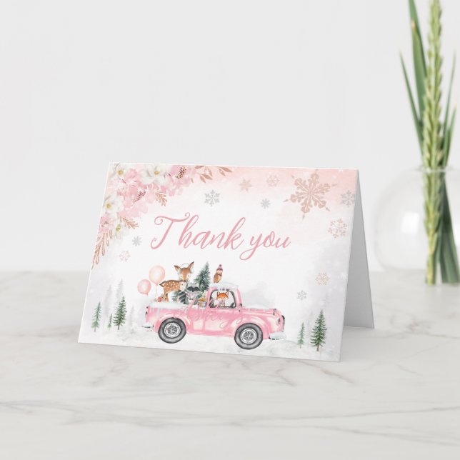 Pink Winter Woodland Truck Baby Shower Thank You Card (Front)