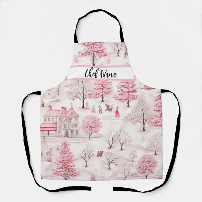 Pink Winterscape Snowy Wonderland Christmas Nana Apron (Front)