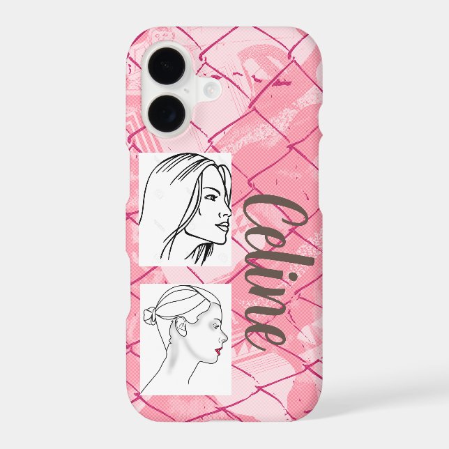 Pink wire fencing background/editable photos/name iPhone case (Back)