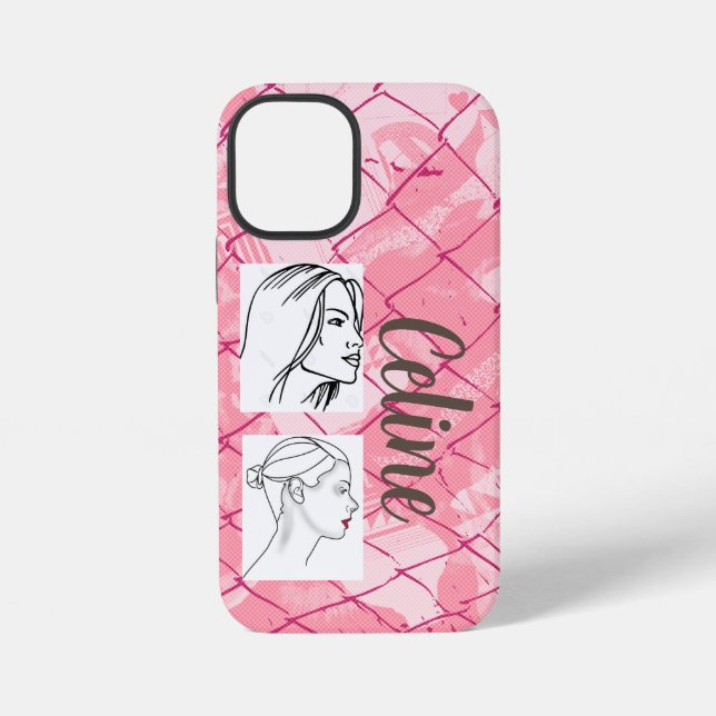 Pink wire fencing background/editable photos/name iPhone case (Back)