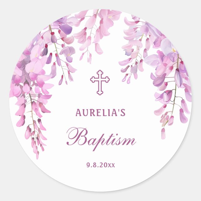 Pink Wisteria Baptism Classic Round Sticker (Front)
