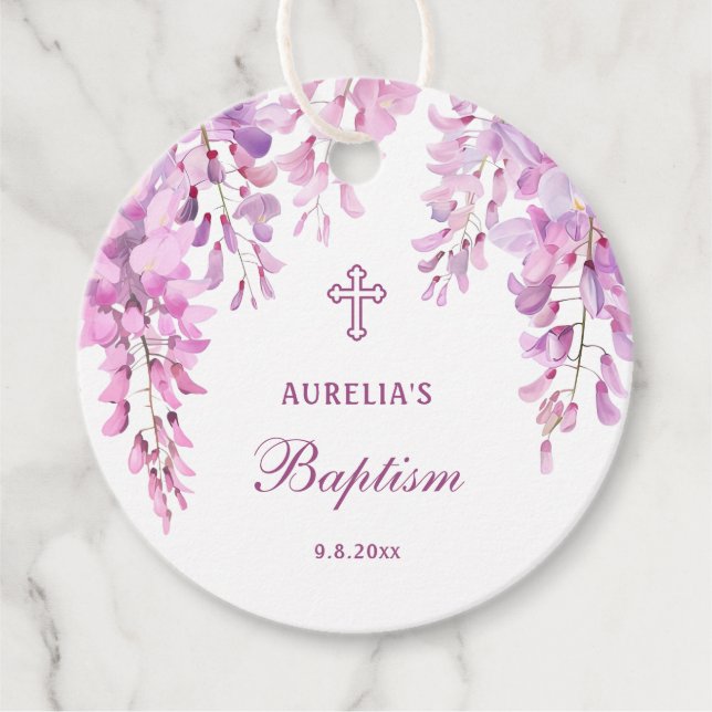 Pink Wisteria Baptism Favour Tags (Front)