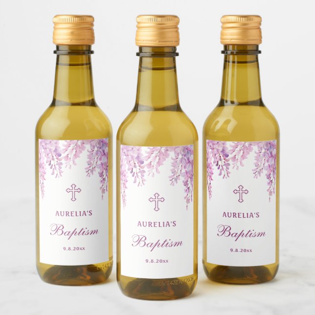 Pink Wisteria Baptism Small Wine Label (Bottles)