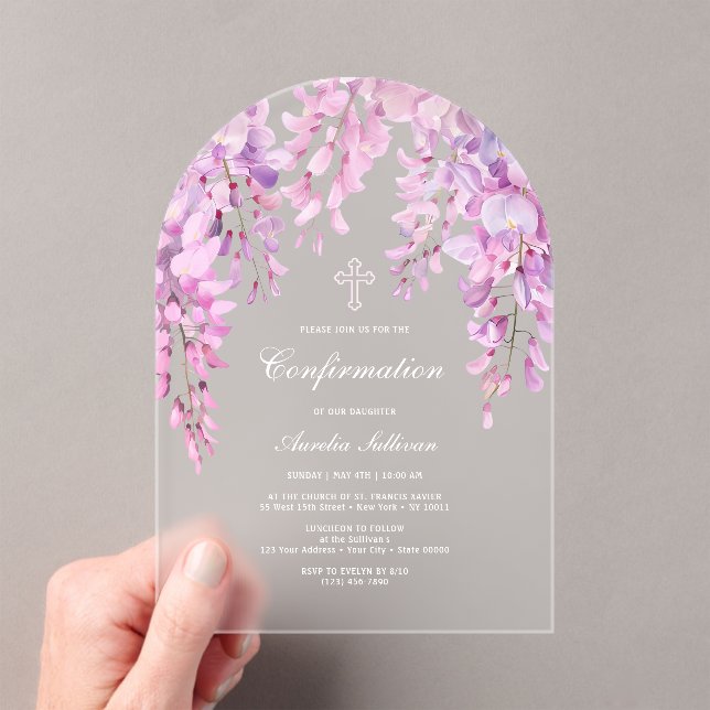 Pink Wisteria Confirmation Acrylic Invitations (Insitu (Handheld))