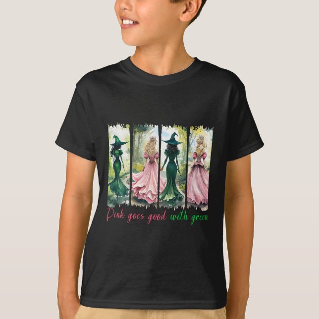 Pink Witch Goes Good With Green Halloween Witch Wo T-Shirt (Front)