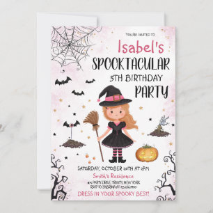 Pink Witch Halloween Birthday Invitation