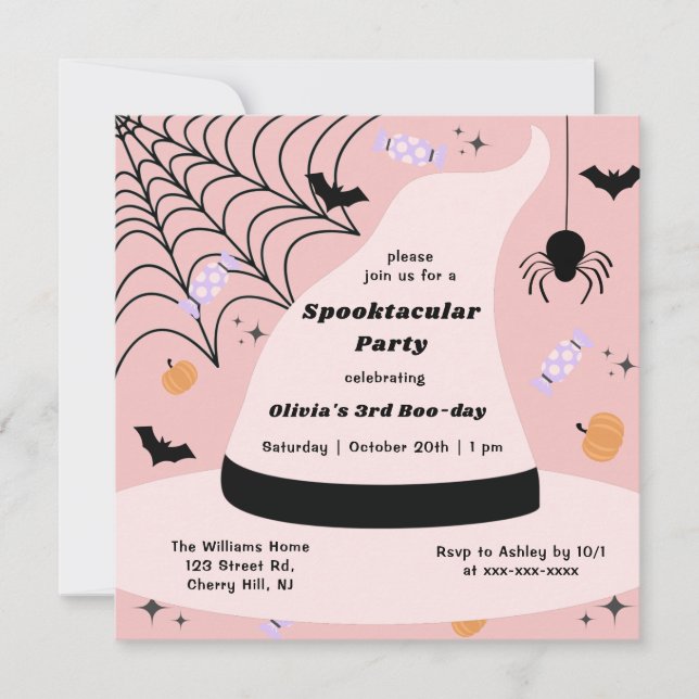 Pink Witch Hat Halloween Any Year Birthday Invitation (Front)