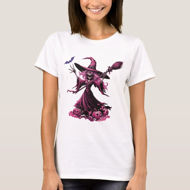Pink Witch with Tall Hat and Wand - Halloween Desi T-Shirt (Front)