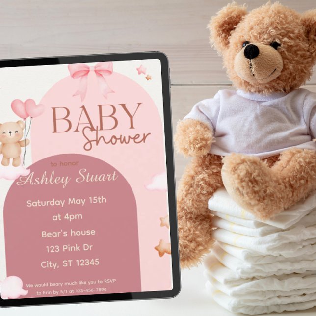 Pink with a Bear and balloons baby shower Invitation (Creator Uploaded)