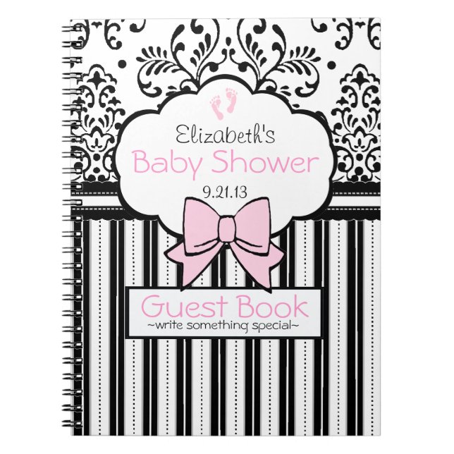Pink with Black Damask Baby Shower Guest Book- Notebook (Front)
