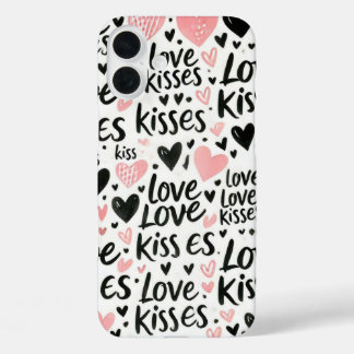 PINK WITH BLACK LOVE AND HEARTS iPhone 16 PLUS CASE