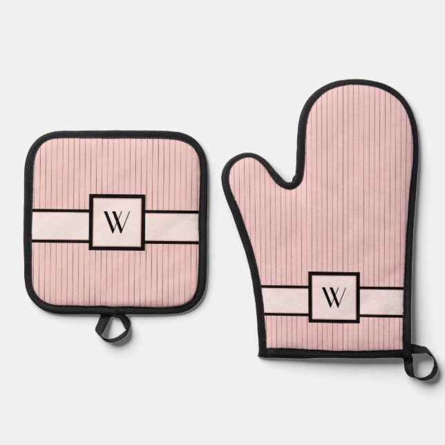 Pink with Black Pinstripes Oven Mitt & Pot Holder Set (Front)