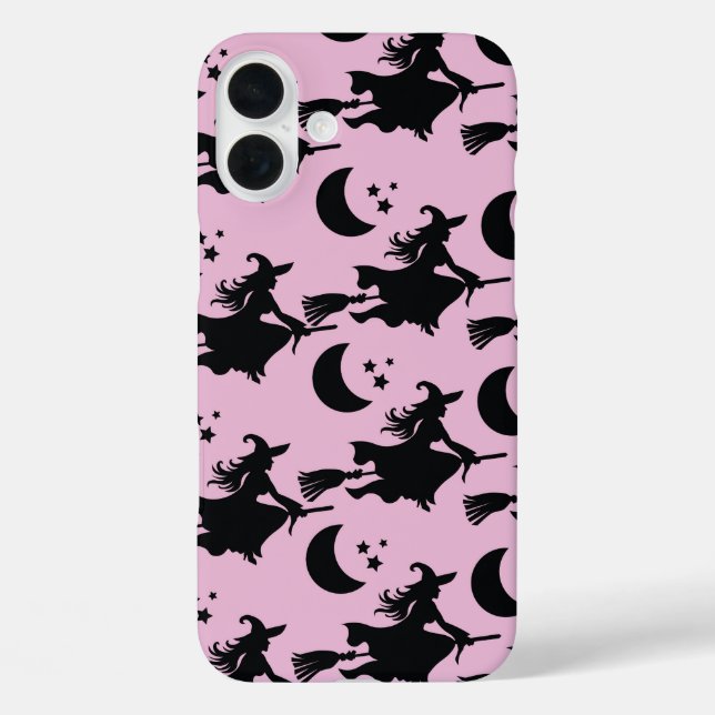 PINK WITH BLACK WITCHES FLYING ON BROOKSTICKS Case-Mate iPhone CASE (Back)