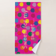 Pink with colored dots and a label.