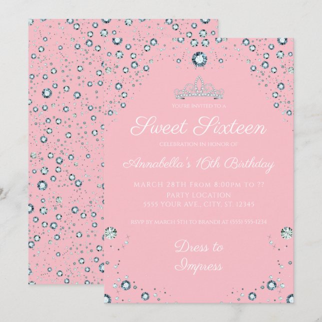 Pink with Diamonds Birthday Invitations (Front/Back)