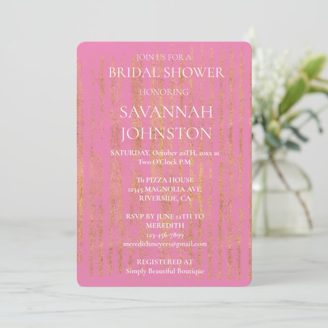 Pink with Glam Gold Chic Stripes Bridal Shower Invitation (Standing Front)