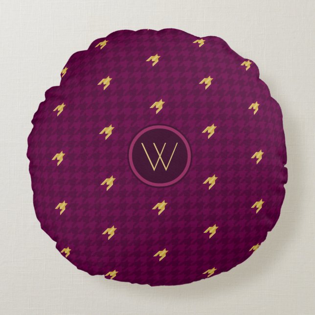 Pink with Gold Accent Houndstooth Round Pillow (Front)