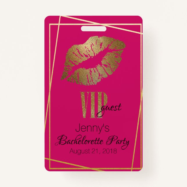 Pink with Gold Lip Print Bachelorette Party Badge ID Badge (Front)
