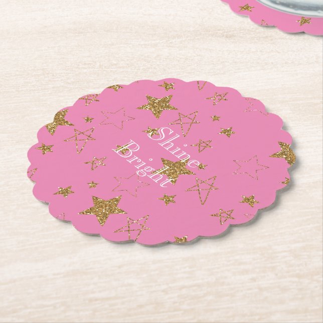Pink with Gold Stars Paper Coaster (Angled)