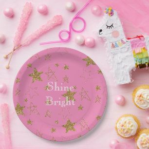 Pink with Gold Stars Paper Plate