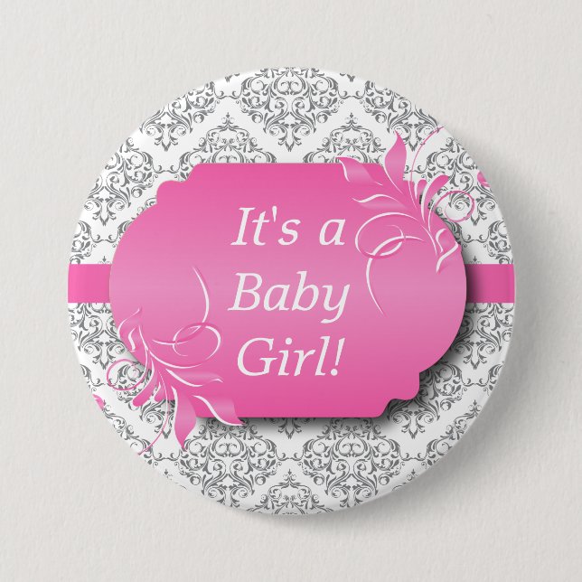 Pink with Grey Damask Pattern 7.5 Cm Round Badge (Front)