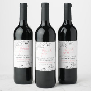 Pink with Grey Frills on White Wedding Thank You Wine Label