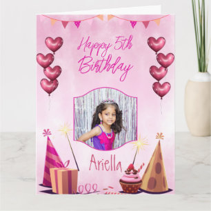 Pink with heart balloons kids birthday photo card