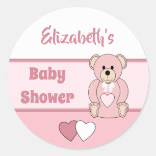Pink with hearts teddy bear and name classic round sticker