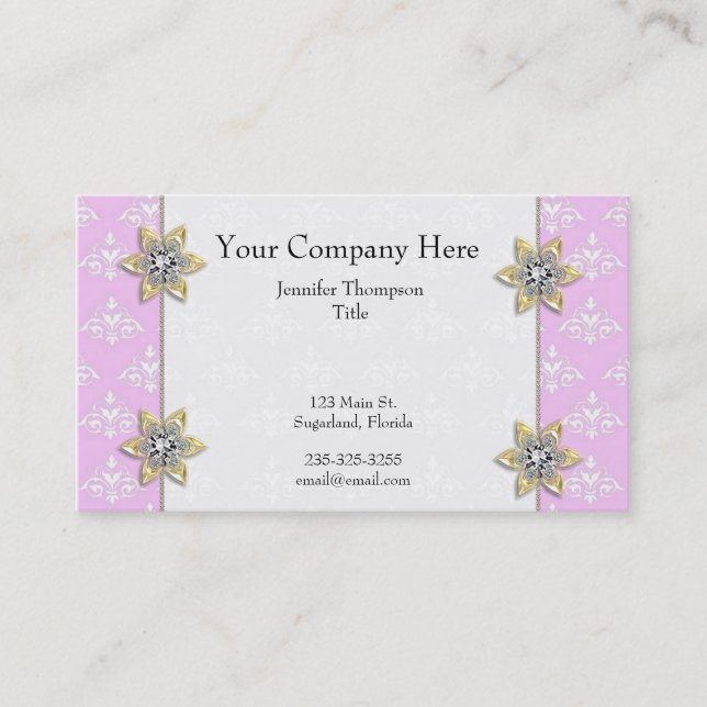 Pink with Jewels Damask Business Card (Front)
