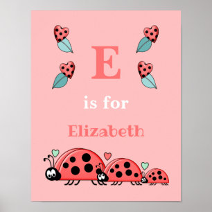 Pink with ladybirds hearts and baby name poster