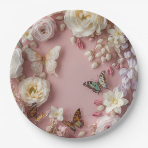 Pink with peonies and butterflies paper plate