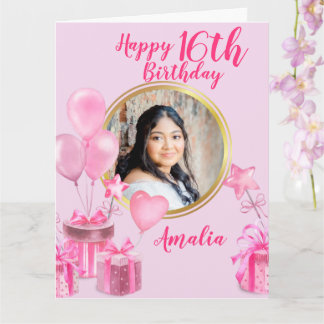 Pink with presents and balloons round photo  card