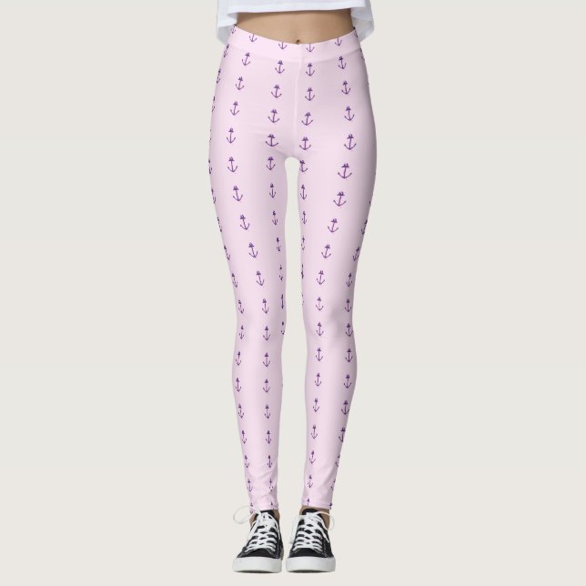 Pink With Purple Nautical Anchors Leggings (Front)