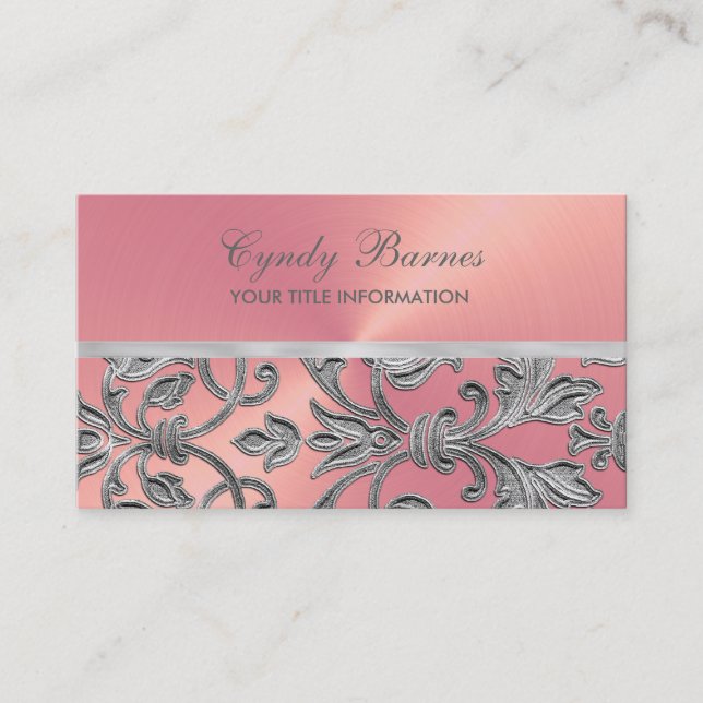 Pink with Silver Damask Business Card (Front)