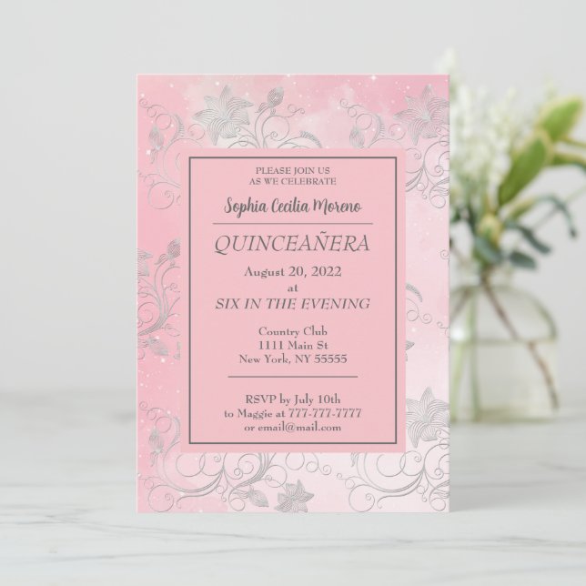 Pink with Sliver Floral Invitation (Standing Front)