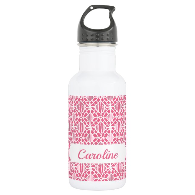 Pink With White Crochet Lace Pattern 532 Ml Water Bottle (Front)