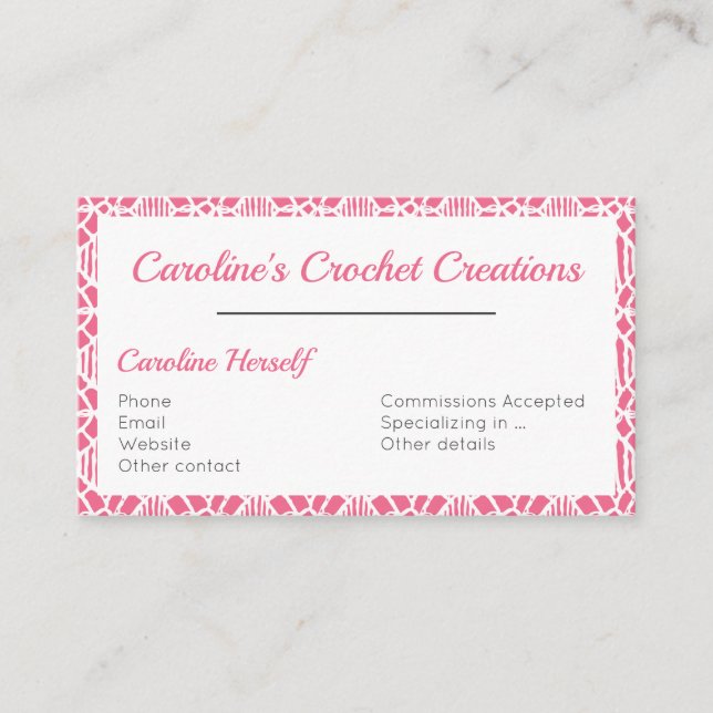 Pink With White Crochet Lace Pattern Business Card (Front)