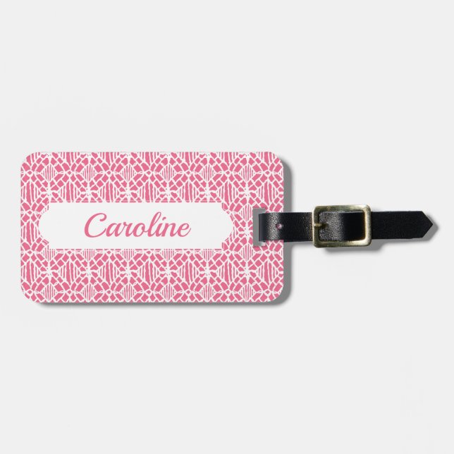 Pink With White Crochet Lace Pattern Luggage Tag (Front Horizontal)