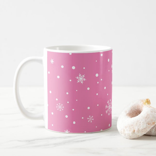 Pink with White Dots & Snowflakes Coffee Mug (With Donut)