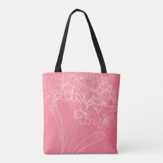 Pink with White Hydrangea Outline Tote Bag
