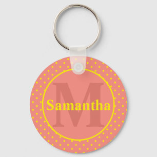 Pink With Yellow Polka Dots Monogram Personalised Key Ring