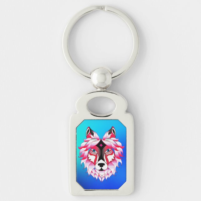 Pink Wolf Head Polygon Design-24531 Key Ring (Front)
