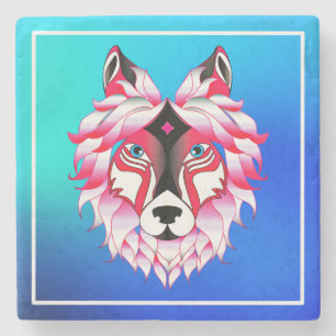 Pink Wolf Head Polygon Design-24531 Stone Coaster
