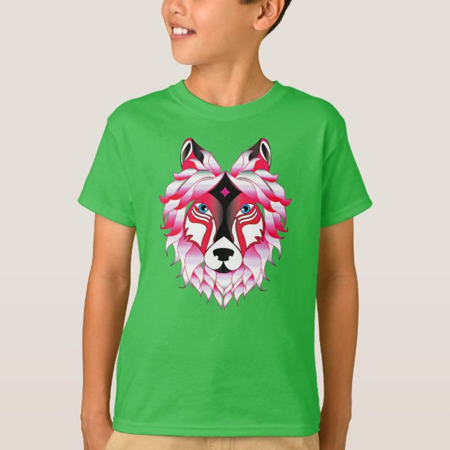 Pink Wolf Head Polygon Design-24531 T-Shirt (Front)