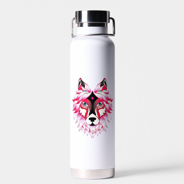 Pink Wolf Head Polygon Design-24531 Water Bottle (Back)